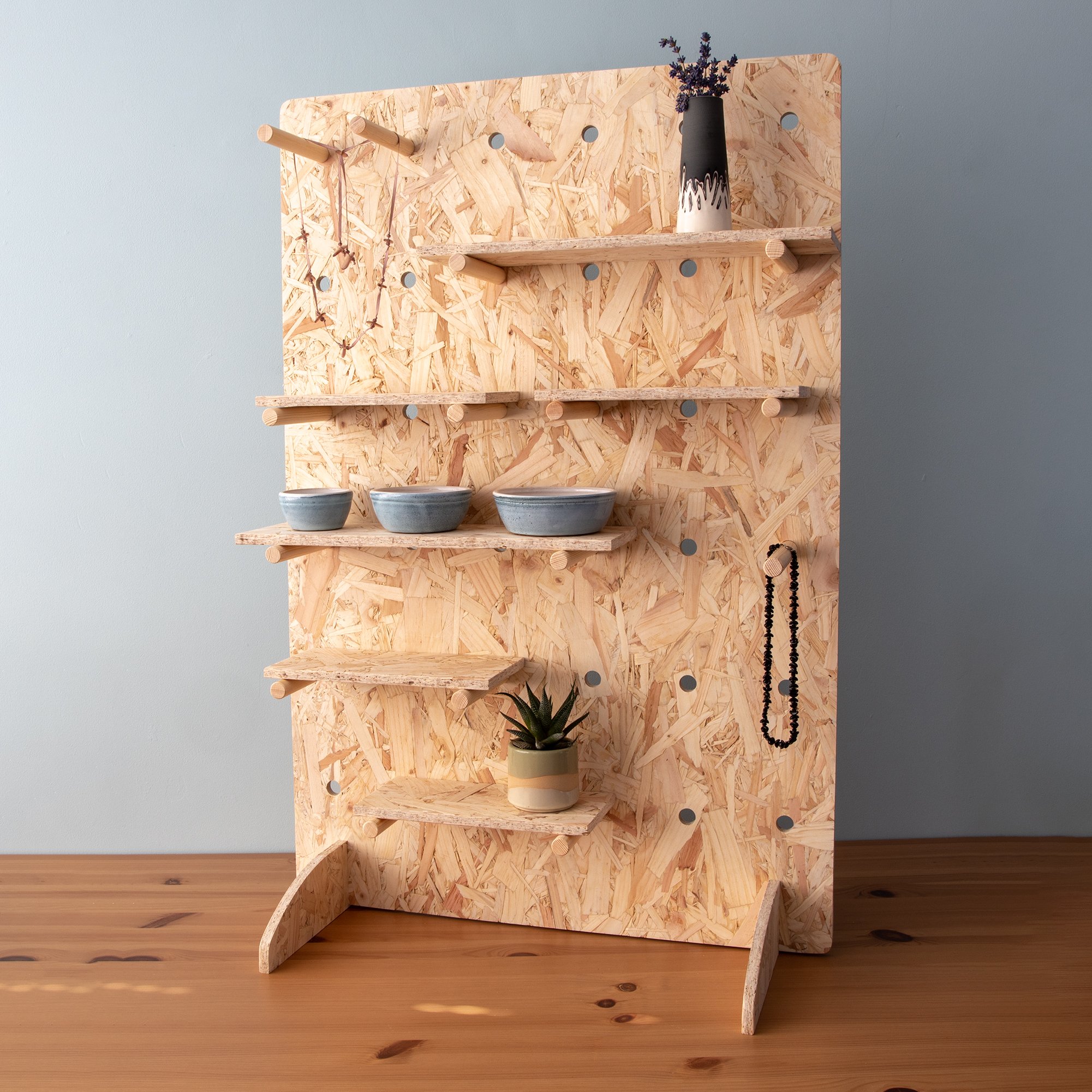 Free standing OSB Table Top Pegboard Display Stand Dust Shack
